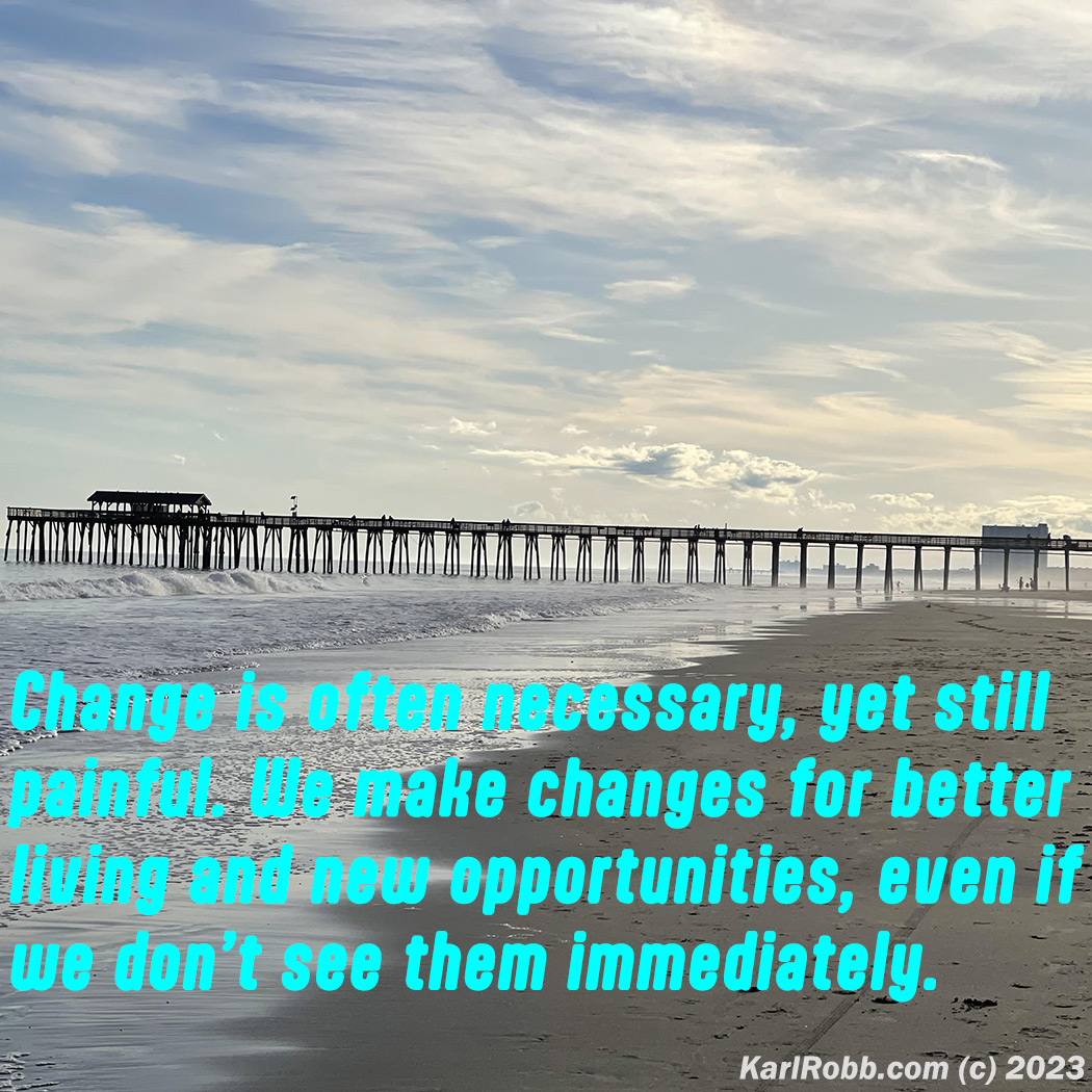 A picture of a beach and pier with text by Karl Robb.